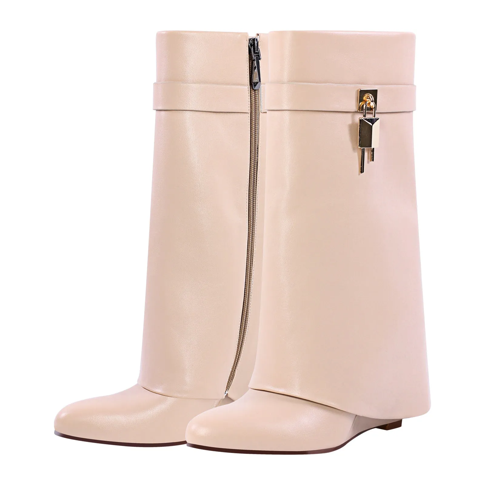 Pointed Toe Mid-Calf Wedge Fold Over Boots