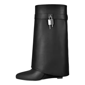Pointed Toe Mid-Calf Wedge Fold Over Boots