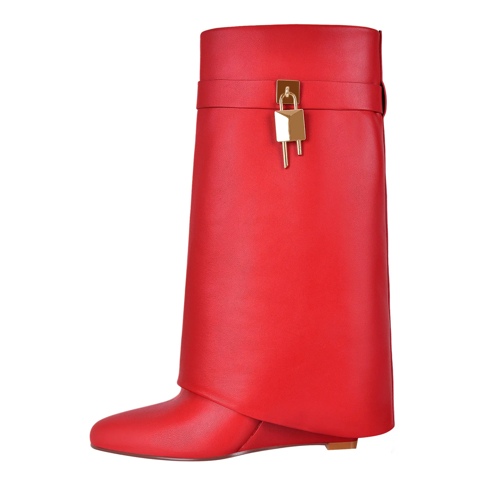 Pointed Toe Mid-Calf Wedge Fold Over Boots