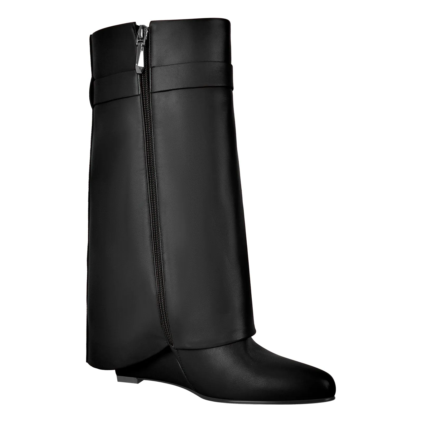 Pointed Toe Mid-Calf Wedge Fold Over Boots