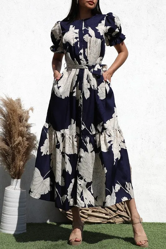 Printed button down woven long dress