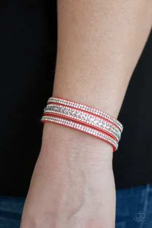 " Harlem Hustle " Orange Leather Clear/White Rhinestone Snap Band Bracelet