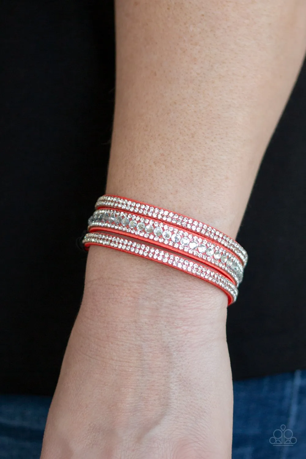 " Harlem Hustle " Orange Leather Clear/White Rhinestone Snap Band Bracelet