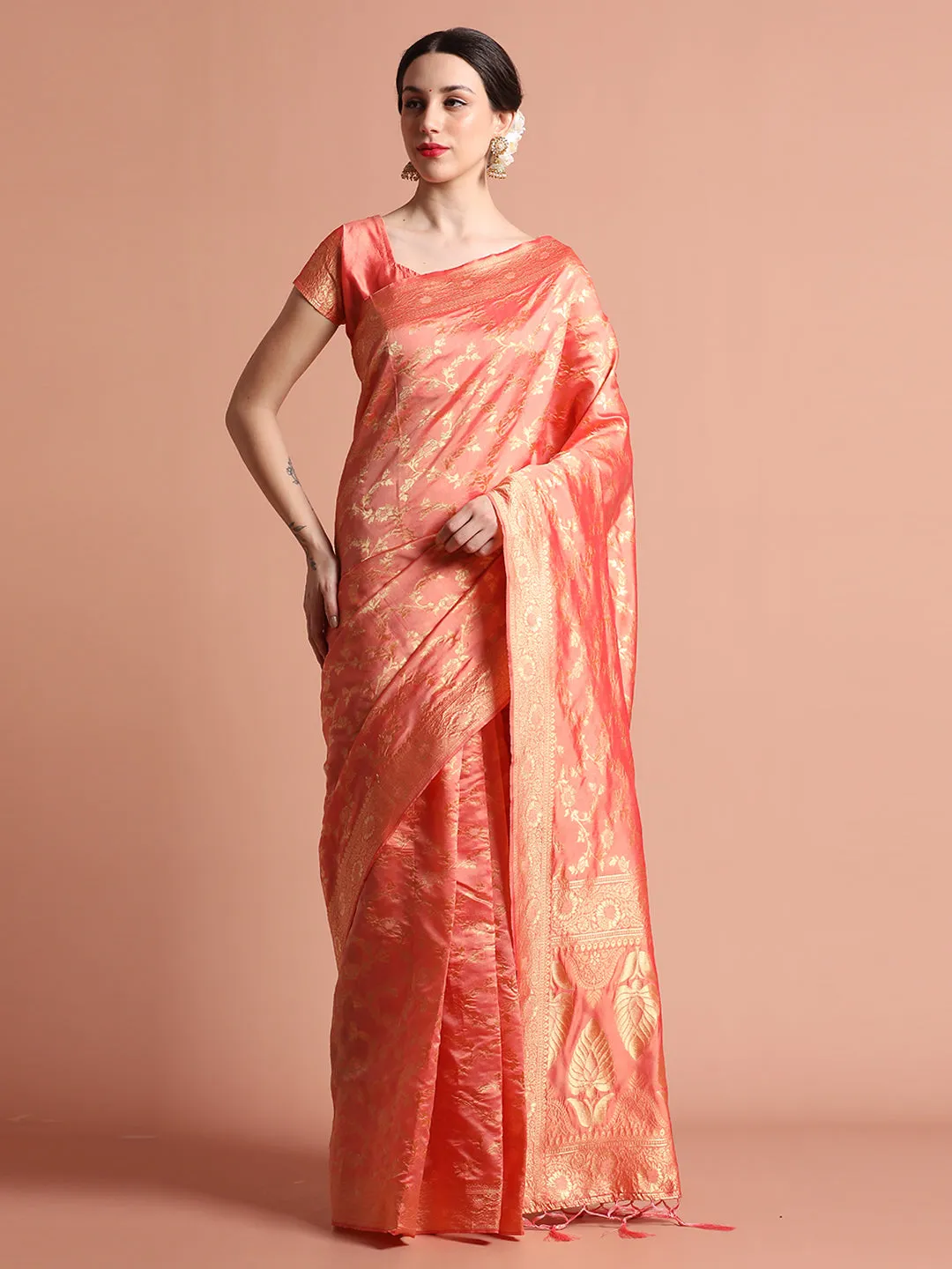 Rose Gold Silk Banarasi Zari Woven Heavy Saree