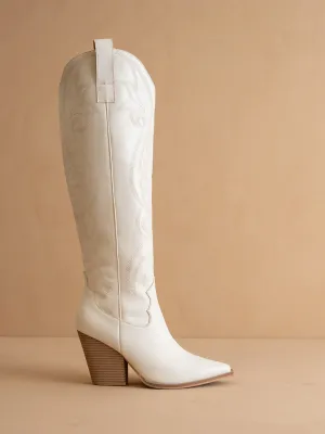 The Astrid | White Knee High Embroidered Cowboy Boot
