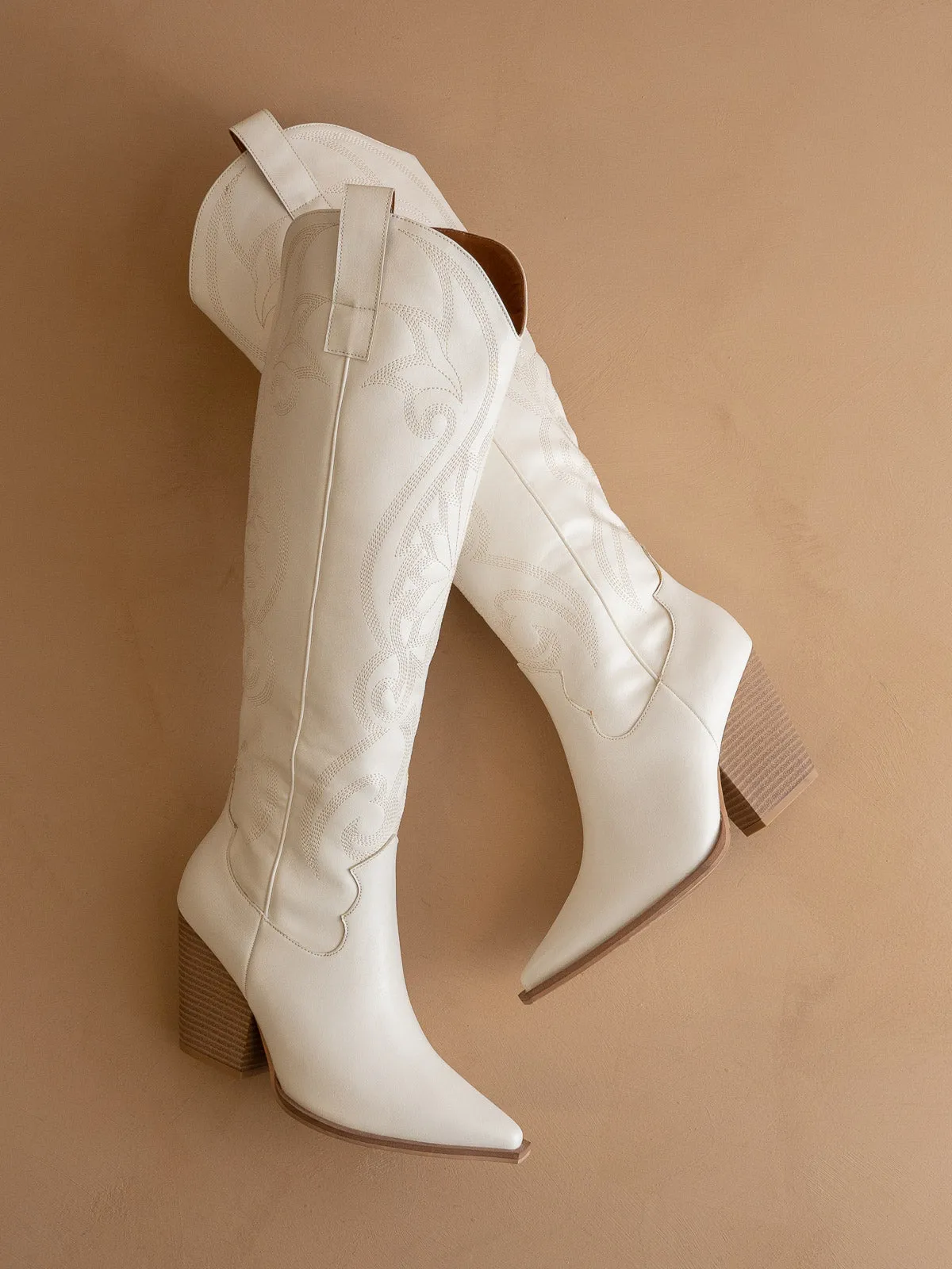The Astrid | White Knee High Embroidered Cowboy Boot