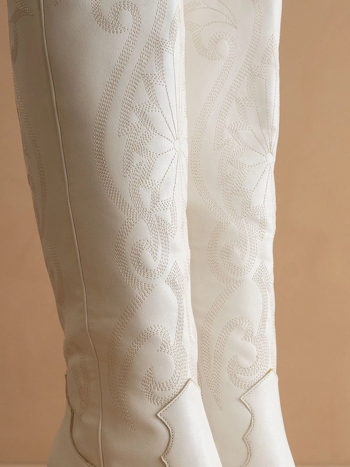 The Astrid | White Knee High Embroidered Cowboy Boot