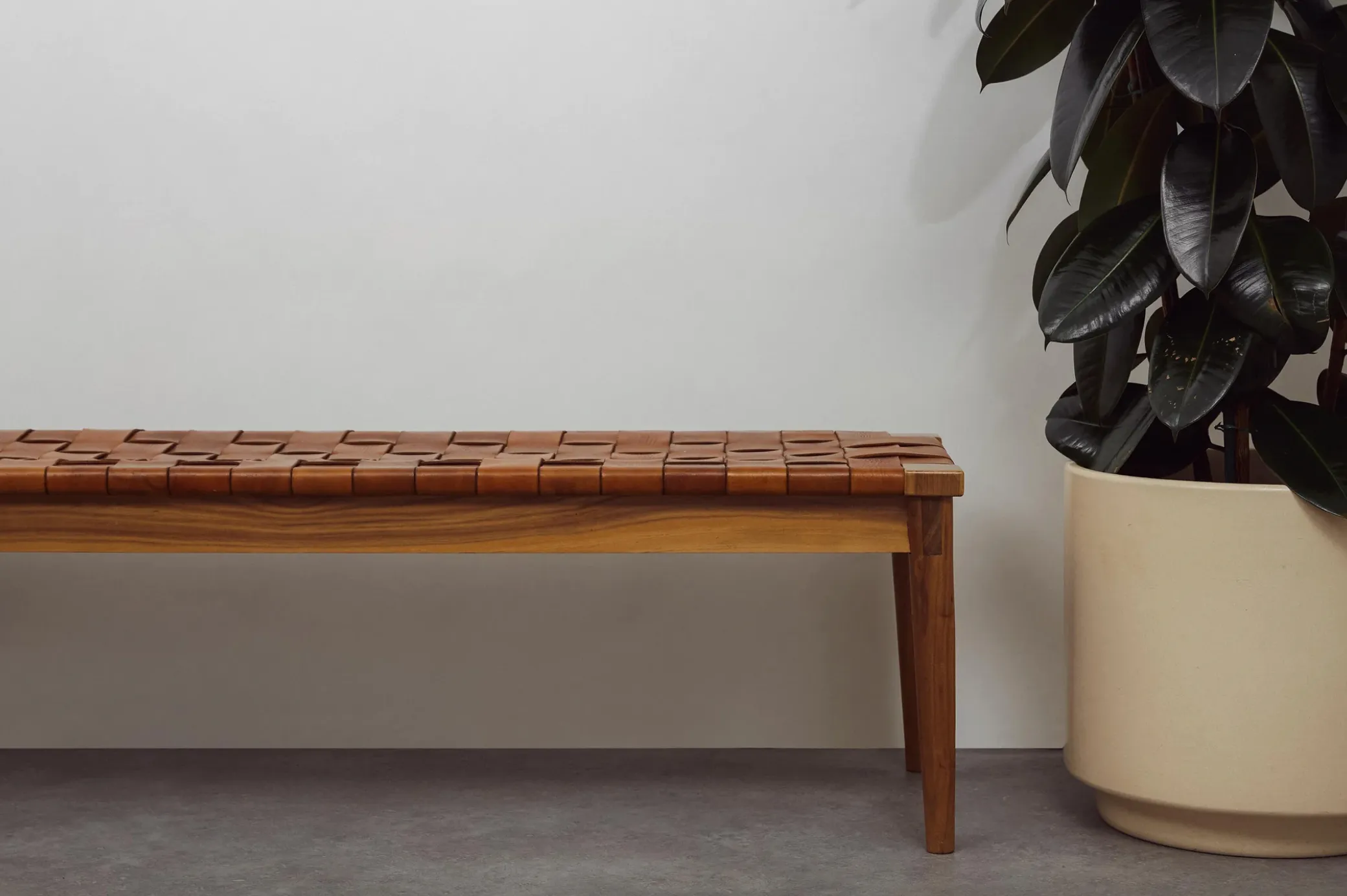 Walnut Bench with Woven Leather Seat