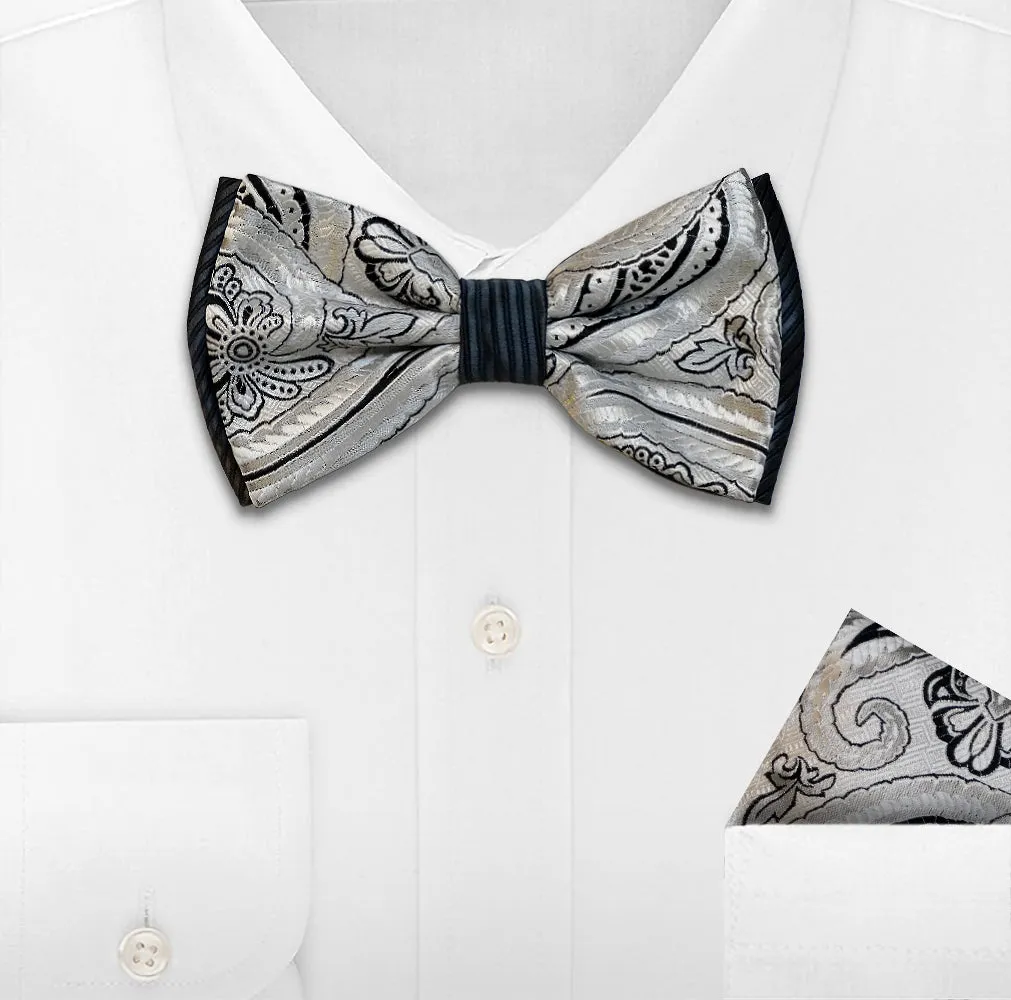 WHITE WOVEN BOW TIE & HANKIE SET