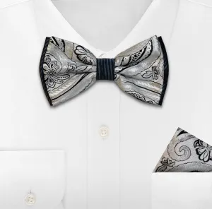WHITE WOVEN BOW TIE & HANKIE SET