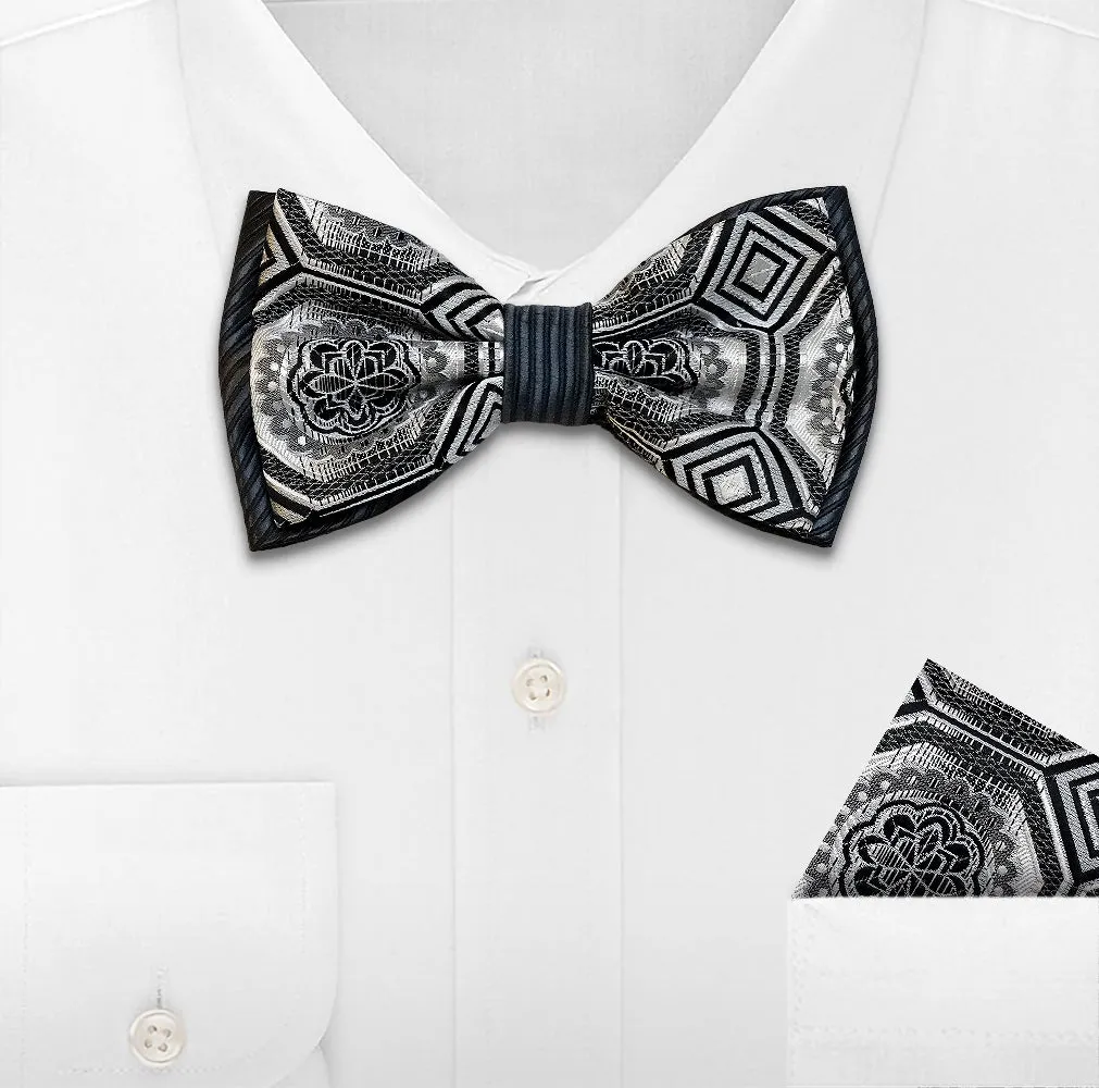 WHITE WOVEN BOW TIE & HANKIE SET