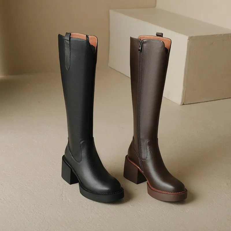 Women knee-high boots Natural leather cowhide upper full leather
