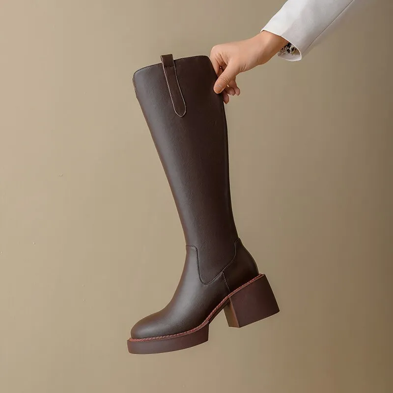 Women knee-high boots Natural leather cowhide upper full leather