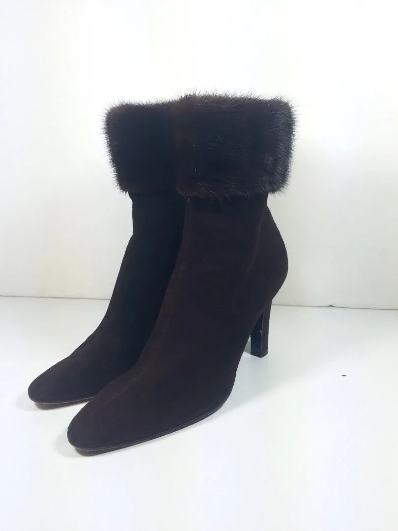 YVES SAINT LAURENT Brown Suede Ankle Boots with Mink Trim Size 8