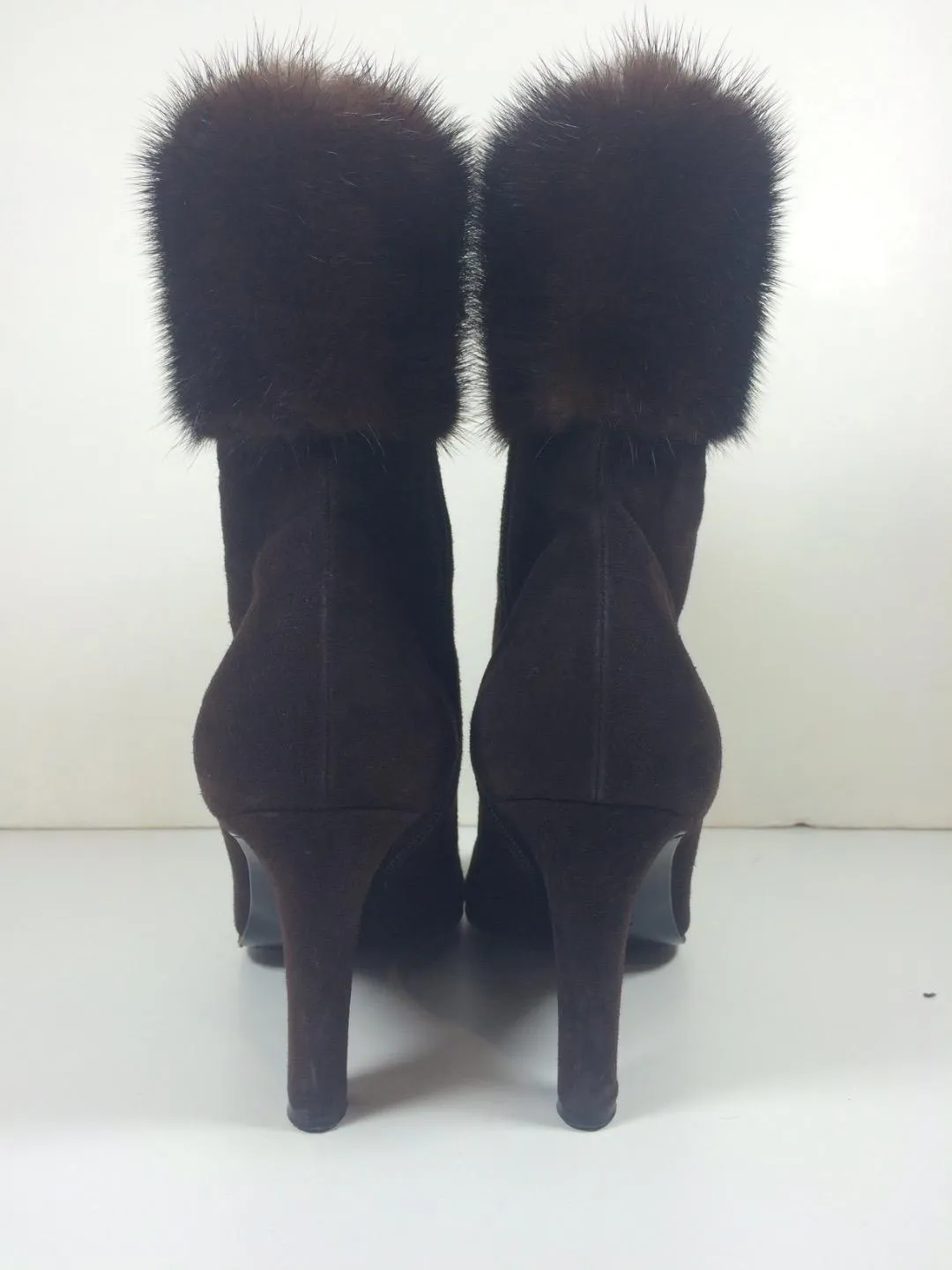 YVES SAINT LAURENT Brown Suede Ankle Boots with Mink Trim Size 8