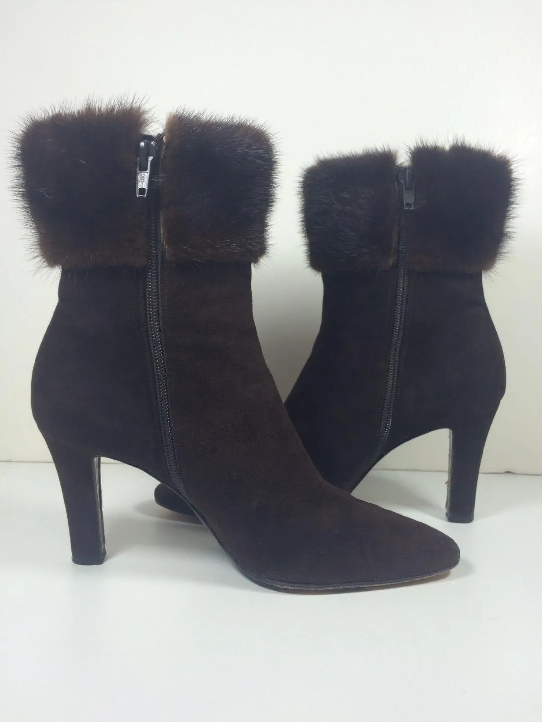 YVES SAINT LAURENT Brown Suede Ankle Boots with Mink Trim Size 8